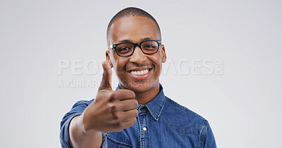 Buy stock photo Happy, black man or portrait with glasses or thumbs up for optometry on a white studio background. Male person, African model or nerd with smile, like emoji or yes sign for eye care, sight or lens