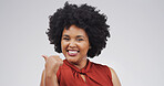 Happy woman, portrait or afro with thumbs up in studio for fashion on a white background. Face, female person or African model with smile, like emoji or yes sign for clothing design or style on space