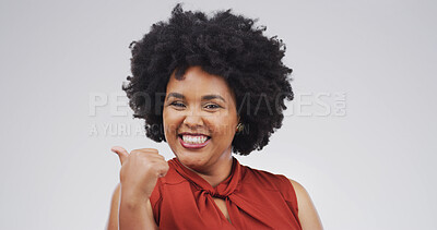 Buy stock photo Happy woman, portrait or pointing with afro in studio for fashion deal on a white background. Face, female person or African model with smile, decision or offer for clothing sale or choice on space