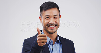 Buy stock photo Happy man, portrait or thumbs up in studio for good job, success or OK on a white background. Face, businessman or model with smile, like emoji or yes sign for well done or thank you on mockup space