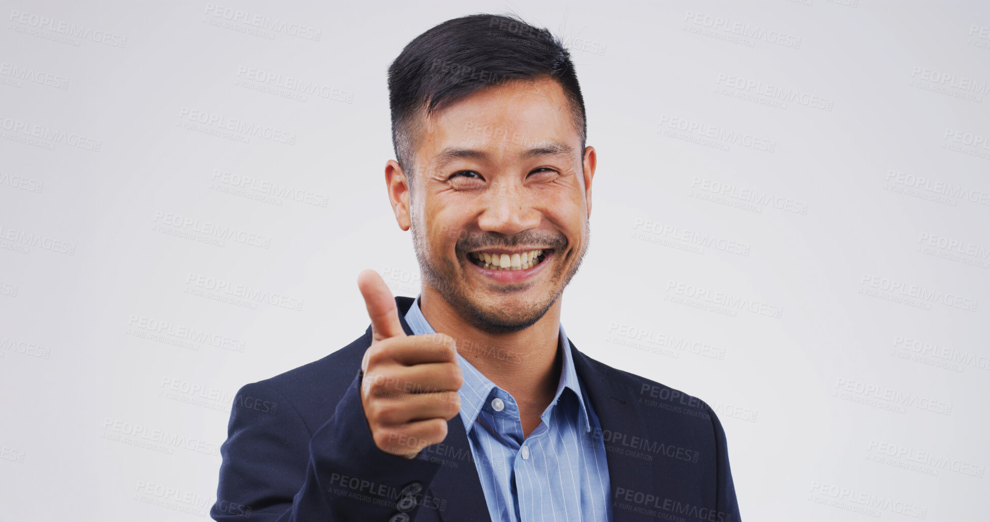 Buy stock photo Happy man, portrait or thumbs up in studio for good job, success or OK on a white background. Face, businessman or model with smile, like emoji or yes sign for well done or thank you on mockup space