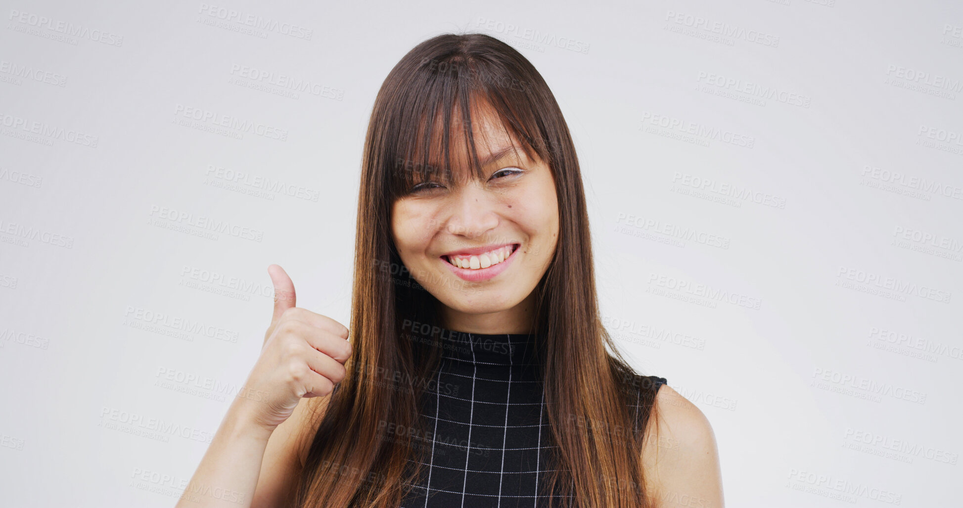 Buy stock photo Thumbs up, smile and portrait of businesswoman in studio for agreement, feedback or vote for investment. Happy, good news and Asian financial manager with approval hand gesture by white background.