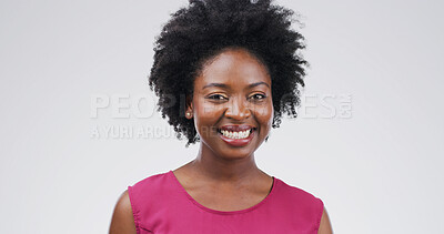 Buy stock photo Happy, creative and portrait of business black woman in studio for interior designer, space planner and pride. Startup, layout coordinator and professional with female person on white background