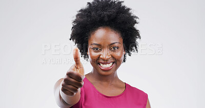 Buy stock photo Black woman, portrait and smile with thumbs up in studio, motivation or promo with praise. Agreement, success or hand gesture for yes, thank you or feedback with sign for review on white background