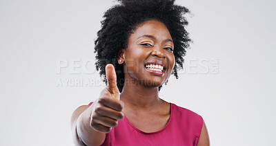 Buy stock photo Black woman, thumbs up and portrait with agreement in studio, support or motivation with success. Thanks, feedback or vote with hand gesture, review and space with approval on white background