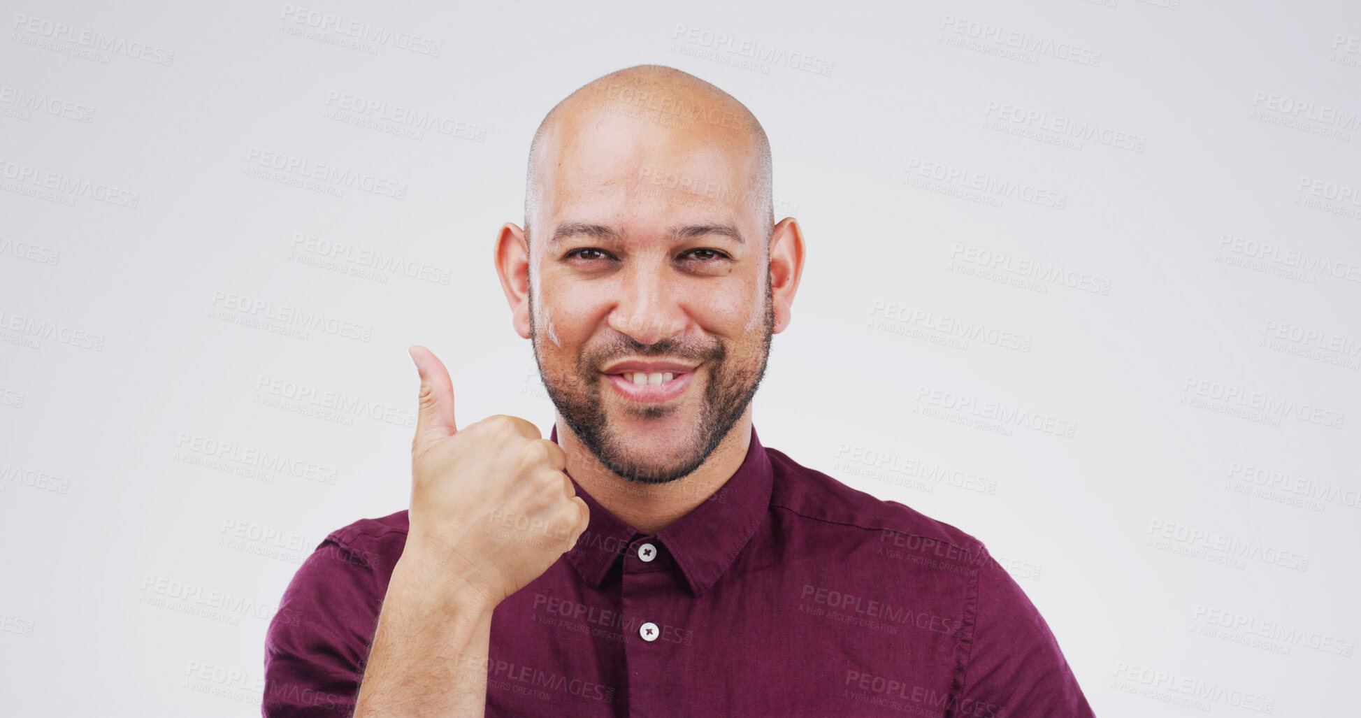 Buy stock photo Happy man, portrait and success with thumbs up in studio for good job on a white background. Male person, model or smile with like emoji, yes sign or OK for well done, thank you or winning on space