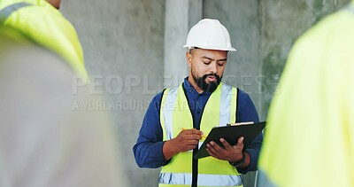 Buy stock photo Man, clipboard and team at construction site for meeting, review and planning for renovation project. Lead engineer, checklist and staff with writing, notes and management for property development