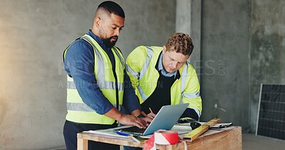 Buy stock photo Men, laptop and teamwork for inspection or construction, industrial planning and building renovation of development. Engineer, collaboration and project management with maintenance for infrastructure
