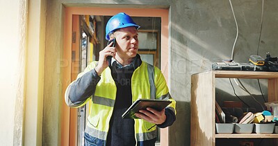 Buy stock photo Building, phone call and tablet with developer man on site for civil engineering or development. App, conversation and planning with construction worker person on location for project management