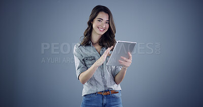 Buy stock photo Intern, tablet and portrait with woman in studio for social media, branding and communication. Learning opportunity, campaign research and online launch with person on background space for startup