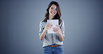 Intern, tablet and smile with portrait of woman in studio for social media, branding and communication. Learning opportunity, campaign research and online launch with person on background space