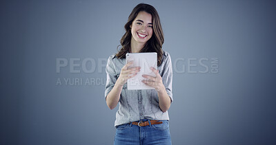 Buy stock photo Intern, tablet and smile with portrait of woman in studio for social media, branding and communication. Learning opportunity, campaign research and online launch with person on dark background space