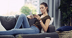 Woman, phone or sofa with credit card for ecommerce, online payment or purcahse in home. Female person, shopper or user with debit or mobile smartphone for remote shopping app or order in house