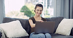 Happy woman, remote work and home with laptop for journalism, research or copywriting on sofa. Female person, journalist or freelancer with computer for story, online article or website blog in house