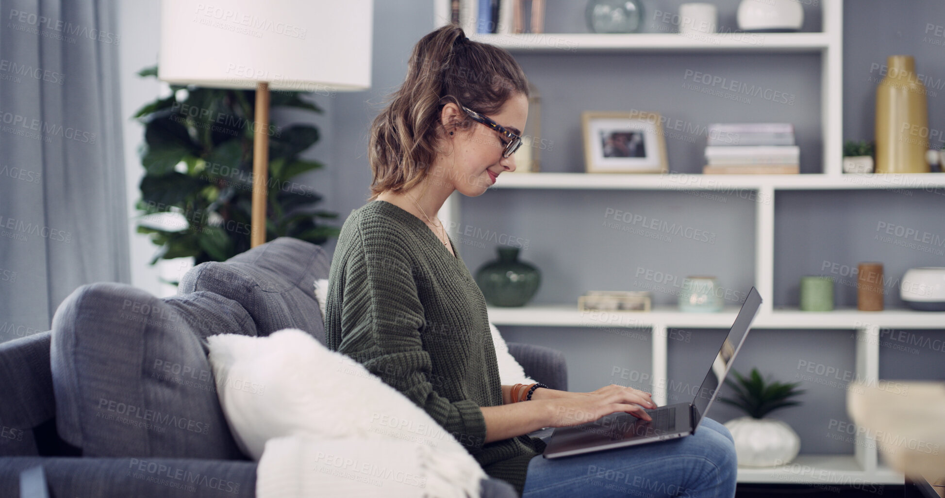 Buy stock photo Happy woman, freelancer and home with laptop for journalism, research or copywriting on sofa. Female person, journalist or remote work with computer for story, online article or website blog in house