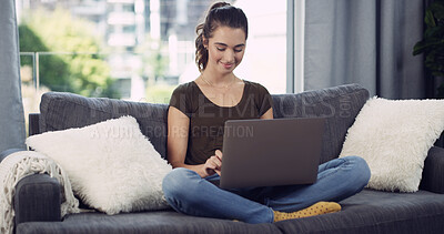 Buy stock photo Laptop, relax and woman on sofa in house with remote work for creative project online in living room. Freelancer, research and female editor with computer for article publishing with email in home.