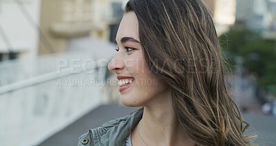 Buy stock photo Travel, thinking and woman with smile in city for sightseeing, journey reflection and exploring town. Tourist, happy and girl on holiday trip with daydreaming, vacation destination or weekend getaway
