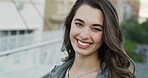Student, smile and portrait of woman in city for college education, opportunity and gen z style. University, scholarship and streetwear with female person outdoor for campus, happiness and future