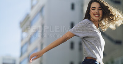 Buy stock photo Student, fashion and portrait of woman in city for college education, opportunity and gen z style. University, scholarship and streetwear with low angle of person at campus space, trendy and future