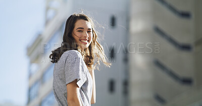 Buy stock photo Student, happy and portrait of woman in city for college education, opportunity and gen z style. University, scholarship and streetwear with low angle of person for campus, trendy and future