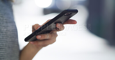 Buy stock photo Hands, texting and communication on smartphone, city and chat with tech on social media and website. Typing, online and person with mobile app for message, outdoor and networking with contact or info