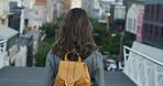 Student, fashion and back of  woman in city for college education, opportunity and gen z style. University, scholarship and streetwear with backpack of person outdoor for campus, trendy and future