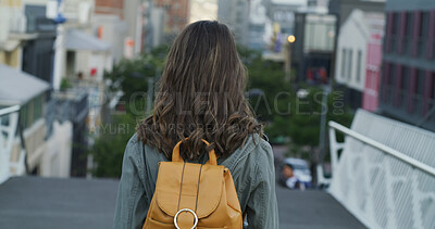 Buy stock photo Student, fashion and back of woman in city for college education, opportunity and gen z style. University, scholarship and streetwear with backpack of person outdoor for campus, trendy and future