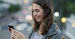 Smile, woman or typing with phone in city for direction search, online navigation or social media. Bokeh, happy tourist or smartphone outdoor for urban town map, networking, explore location or space
