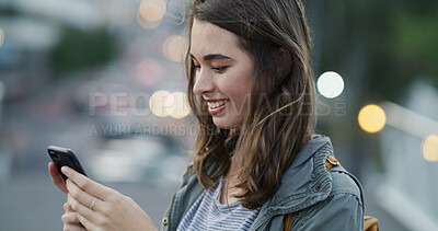 Buy stock photo Smile, woman or typing with phone in city for direction search, online navigation or social media. Bokeh, happy tourist or smartphone outdoor for urban town map, networking, explore location or space