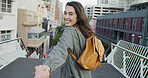 Holding hands, happy and portrait of woman in city on holiday, travel or weekend trip for sightseeing. Adventure, POV and female person with boyfriend on vacation together in urban town for getaway.