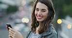 Portrait, woman or typing with phone in city for direction search, online navigation or mobile chat. Bokeh, happy tourist and smartphone outdoor for urban town map, networking and explore location
