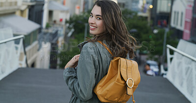 Buy stock photo Student, fashion and backpack with woman in city for college education, opportunity and gen z style. University, scholarship and streetwear with portrait of person for campus, trendy and future