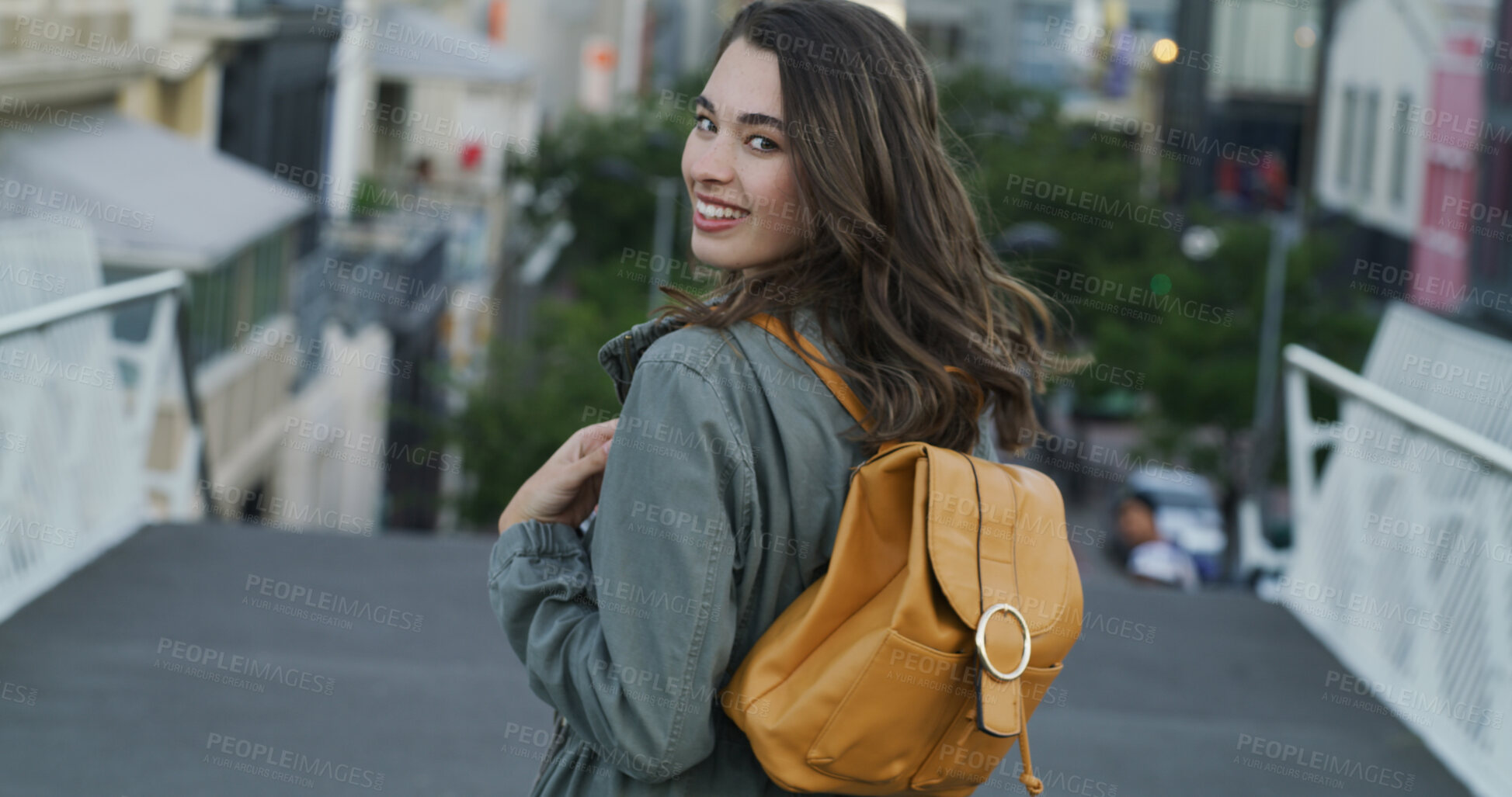 Buy stock photo Student, fashion and backpack with woman in city for college education, opportunity and gen z style. University, scholarship and streetwear with portrait of person for campus, trendy and future