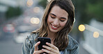 Smile, phone and woman in city for travel, text message and check map with navigation app online. Tourist, mobile and happy girl outdoor with internet for communication, location search and bokeh
