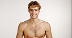 Portrait, smile and man in studio, skincare and dermatology on white background. Face, happy person and model with space, grooming and beauty with wellness, treatment and confidence with healthy skin