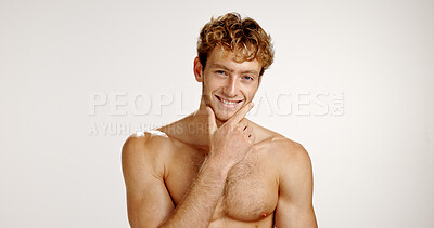 Buy stock photo Skincare, smile and portrait of man in studio with beauty, natural or facial treatment for confidence. Mockup space, shirtless and male person from London with dermatology routine by white background