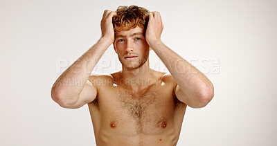 Buy stock photo Beauty, hair and portrait of man in studio for grooming, personal hygiene or wellness routine. Body, shampoo and skincare with shirtless model isolated on white background for haircare treatment