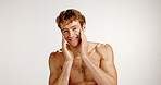 Glow, man and smile for skincare, studio and dermatology for smooth skin, portrait and mockup space. White background, confident and facial treatment for person, shirtless and happy for beauty in USA