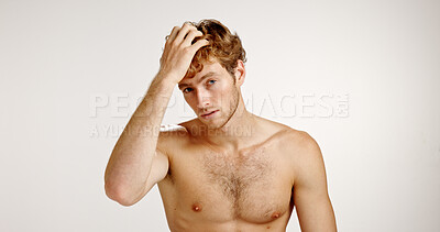 Buy stock photo Hair, portrait or man in studio for grooming, personal hygiene or wellness routine. Beauty, body or shampoo with shirtless model on white background space for haircare treatment, growth or confidence