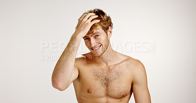 Buy stock photo Beauty, portrait and smile of man in studio for grooming, personal hygiene or wellness routine. Body, happy and skincare with shirtless model isolated on white background for haircare treatment