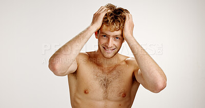 Buy stock photo Hair, portrait and smile of man in studio for grooming, personal hygiene or wellness routine. Beauty, body and shampoo with happy shirtless model on white background space for haircare treatment