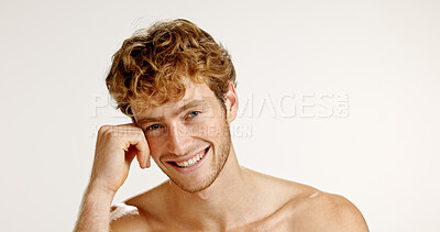 Buy stock photo Confident, man and smile for skincare, glow and dermatology for smooth skin, studio or mockup space. White background, portrait and facial treatment for person, shirtless and happy for beauty in USA
