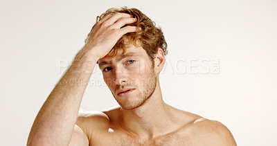 Buy stock photo Beauty, hair and portrait of shirtless man in studio for grooming, personal hygiene or wellness. Face, shampoo and skincare with serious model isolated on white background for haircare treatment