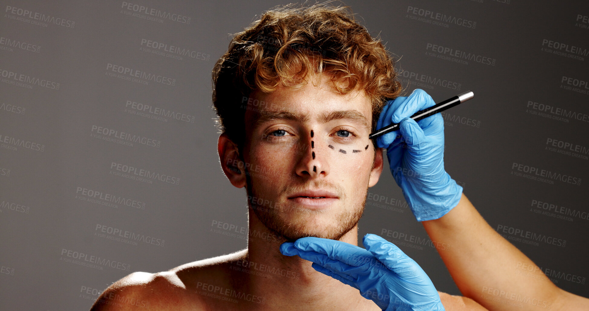 Buy stock photo Beauty, plastic surgery and lines on face of man in studio for prp, aesthetics and collagen. Planning, skincare and dermatology with person on gray background for facial, cosmetics and filler