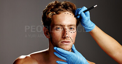 Buy stock photo Beauty, plastic surgery and drawing with face of man in studio for prp, aesthetics and collagen. Planning, skincare and dermatology with person on gray background for facial, cosmetics and filler