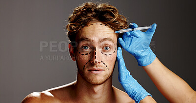 Buy stock photo Beauty, plastic surgery and injection on face of man in studio for prp, aesthetics and collagen. Wellness, skincare and dermatology with person on gray background for facial, cosmetics and filler