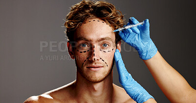 Buy stock photo Dermatology, plastic surgery and injection on face of man in studio for prp, aesthetics and collagen. Wellness, skincare and beauty with person on gray background for facial, cosmetics and filler