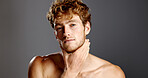 Skincare, confident and portrait of man in studio with natural, health or wellness routine. Beauty, cosmetic and face of person from Australia with facial dermatology treatment by gray background.