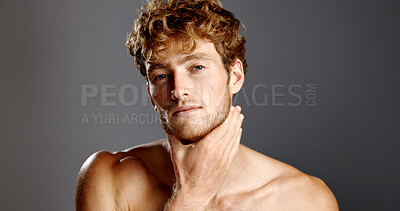 Buy stock photo Skincare, confident and portrait of man in studio with natural, health or wellness routine. Beauty, cosmetic and face of person from Australia with facial dermatology treatment on gray background.
