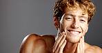 Portrait, man and skincare with beauty in studio for natural glow, facial treatment and results. Happy, male person and confidence with dermatology shine, hair removal and wellness on gray background